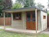 4.0m x 3.5m pent garden workshop with veranda, dark oak half glazed French doors, triple and lozenge window, from &pound;call (inc. VAT)